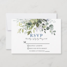 Elegant Watercolor Greenery Dusty Blue Wedding RSVP Karte