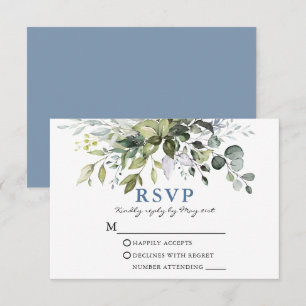 Elegant Watercolor Greenery Dusty Blue Wedding RSVP Karte