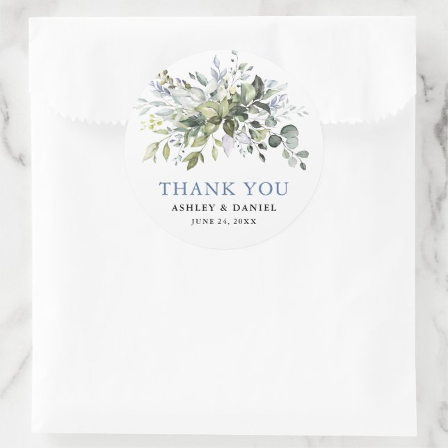 Elegant Watercolor Greenery Dusty Blue Wedding Runder Aufkleber (Tasche)