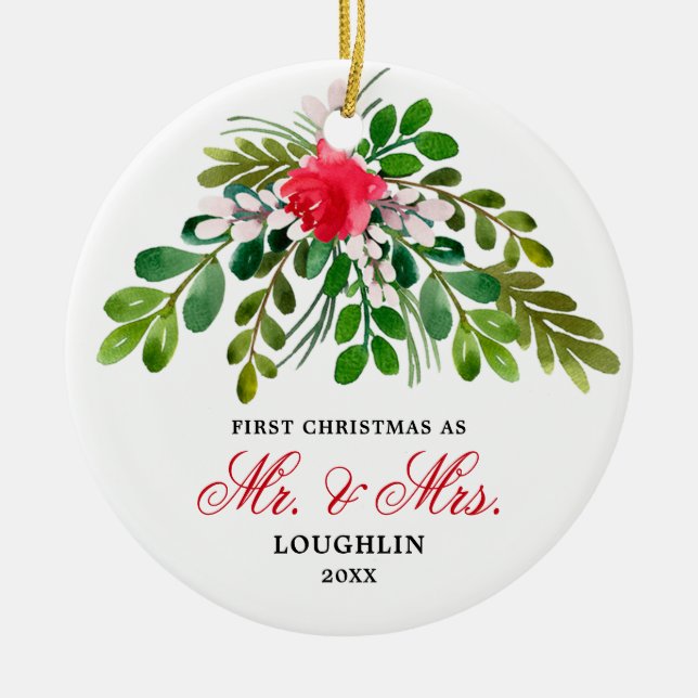 Elegant Watercolor Greenery Newlyweds Mr. & Mrs. Keramik Ornament (Vorne)