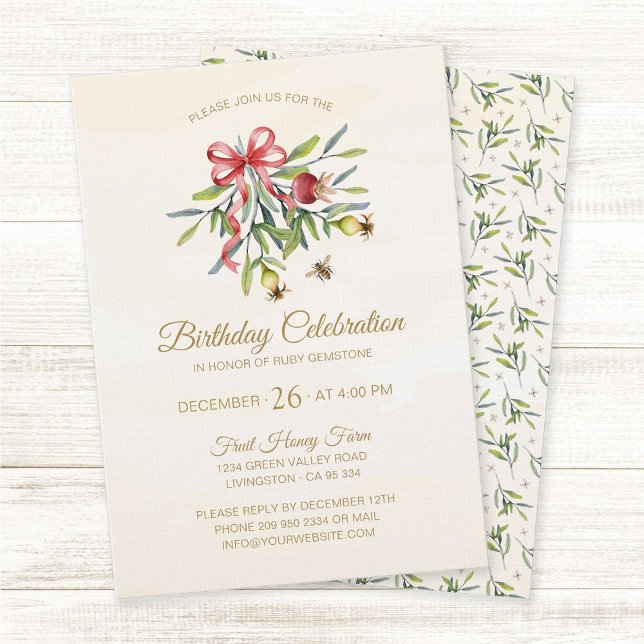 Elegant Watercolor Greenery Pomegranate Birthday Einladung (Bees and Nature, elegant timeless birthday invitation in cottage style with botanical design.)