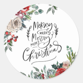 Elegant Watercolor Holly Floral Frohe Weihnachten Runder Aufkleber