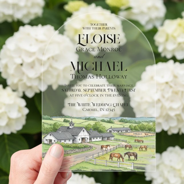 Elegant Watercolor Horse Stable Barn Wedding Acryleinladungen (Invite guest to your scenic wedding day with this Elegant Watercolor Horse Stable Barn Invite!)
