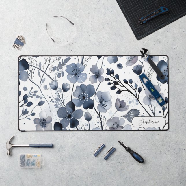 Elegant Watercolor Indigo Dark Blue Custom Schreibtischunterlage (Arbeitsplatz)