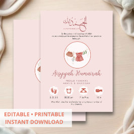 Elegant Watercolor Islamic Baby Girl Announcement Ankündigung
