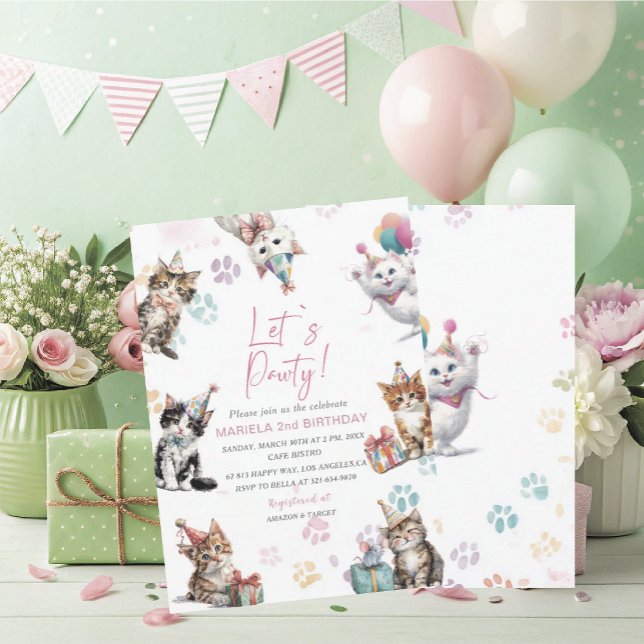 Elegant  Watercolor Kitten Cat 2nd Birthday  invit Einladung (Von Creator hochgeladen)
