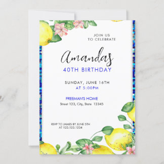 Elegant Watercolor Lemon Mosaik 40. Geburtstag Einladung