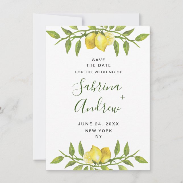 Elegant Watercolor Lemons Grüne Hochzeit Save The Date (Vorderseite)
