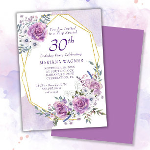 Elegant Watercolor Lila Floral 30. Geburtstag Einladung