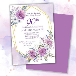 Elegant Watercolor Lila Floral 90. Geburtstag Einladung