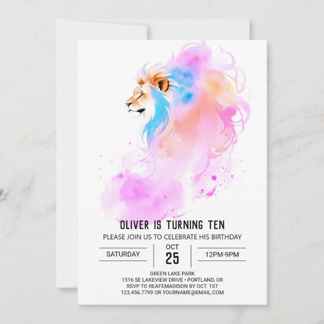 Elegant Watercolor Lion Birthday Einladung (Vorderseite)