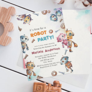 Elegant Watercolor Little Robots Baby ShInvitation Einladung