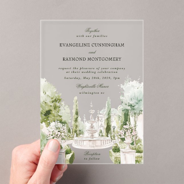 Elegant Watercolor Manor Garden Wedding Acryleinladungen (Insitu (Handheld))
