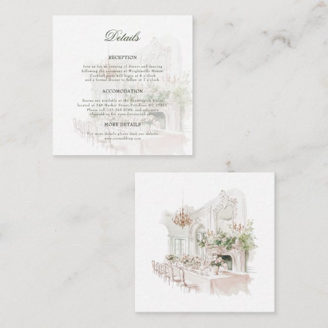 Elegant Watercolor Manor Garden Wedding Details Begleitkarte (Vorne/Hinten)