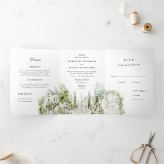 Elegant Watercolor Manor Garden Wedding Dreifach Gefaltete Einladung