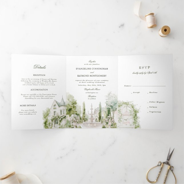 Elegant Watercolor Manor Garden Wedding Dreifach Gefaltete Einladung (Innenseite)