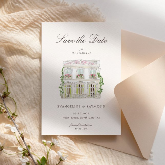 Elegant Watercolor Manor Photo Save The Date Card (Von Creator hochgeladen)