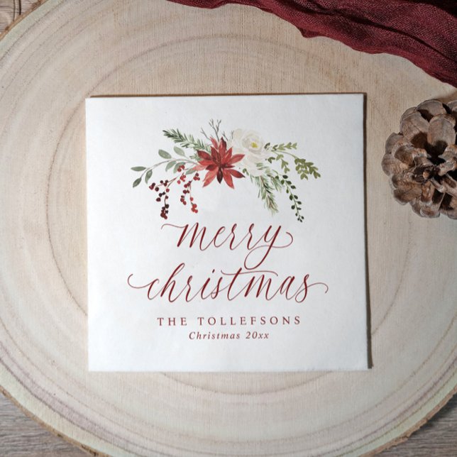 Elegant Watercolor Merry Christmas Holiday Berries Serviette (Elegant Christmas napkins with an elegant botanical watercolor design and "merry Christmas" script)
