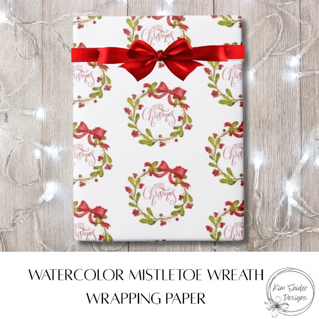 Elegant Watercolor MIstletoe Wreath & Red Bow  Geschenkpapier (Von Creator hochgeladen)