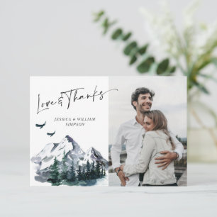Elegant Watercolor Mountains Forest PHOTO Wedding  Dankeskarte
