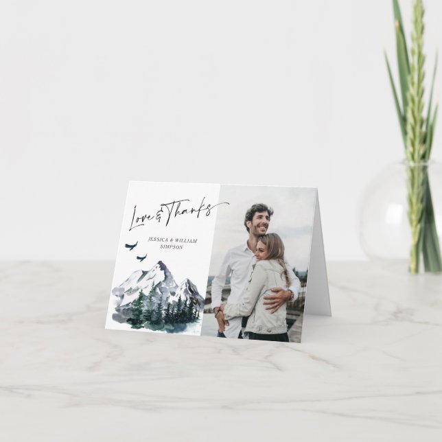 Elegant Watercolor Mountains Forest PHOTO Wedding  Dankeskarte (Vorderseite)