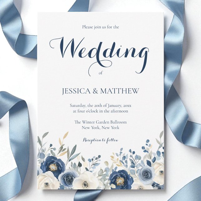 Elegant Watercolor Navy Blue Floral Script Hochzei Einladung (Elegant Watercolor Navy Blue Floral Script Wedding Invitation)