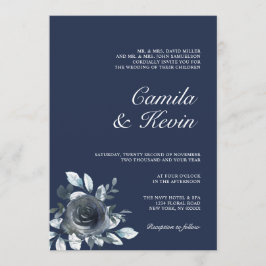 Elegant Watercolor Navy Blue Floral Wedding Einladung