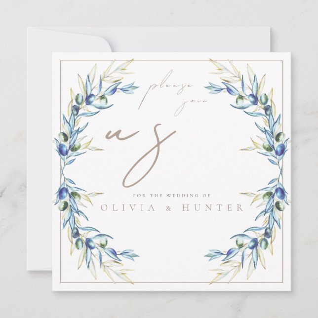Elegant Watercolor Olive Branch Wedding Invitation Einladung (Vorderseite)