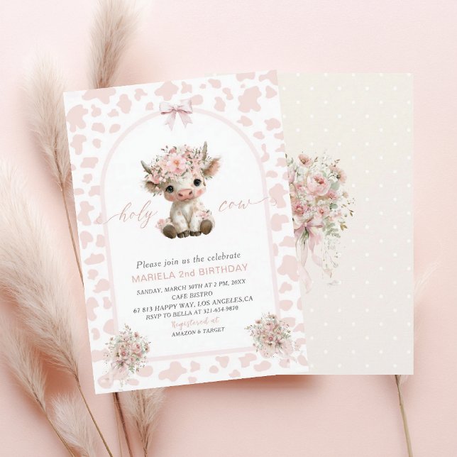 Elegant  Watercolor One 2nd Birthday holy cow girl Einladung (Von Creator hochgeladen)