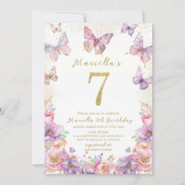 Elegant Watercolor One 7th Birthday Butterfly Gir Einladung