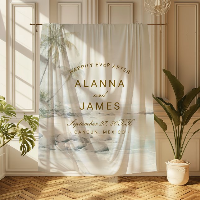 Elegant Watercolor Palm Beach Wedding Keepsake Fleecedecke (Beach-themed wedding tapestry with “Alanna and James” text hanging in a sunlit room.)