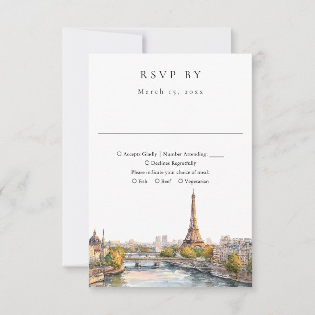 Elegant Watercolor Paris Frankreich Hochzeit RSVP Karte (Vorderseite)