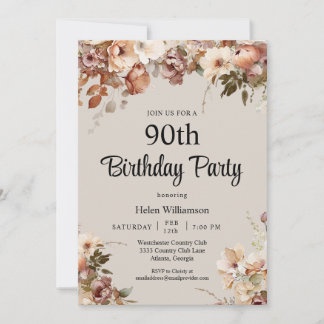 Elegant Watercolor Pink Flora 90. Geburtstag Einladung
