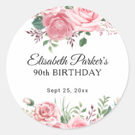 Elegant watercolor pink floral 90th birthday favor runder aufkleber