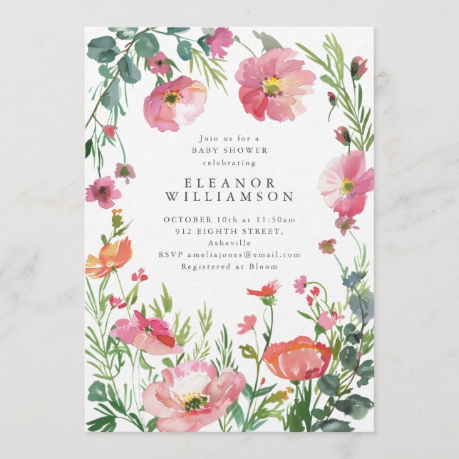 Elegant Watercolor Pink Floral Baby Shower Einladung (Vorderseite)