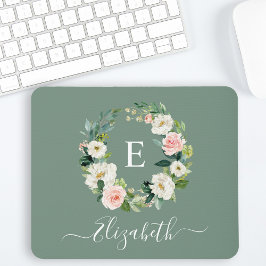 Elegant Watercolor Pink Floral Sage Green Monogram Mousepad