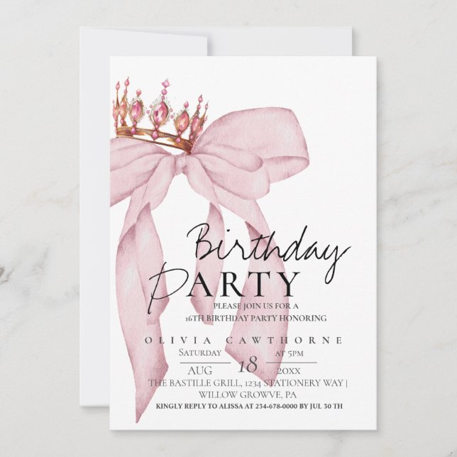 Elegant Watercolor Pink Gold Bow Birthday Party  Einladung (Vorderseite)