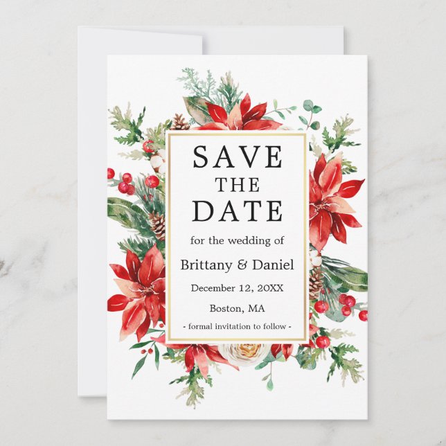 Elegant Watercolor Poinsettia Blumengrün Save The Date (Vorderseite)