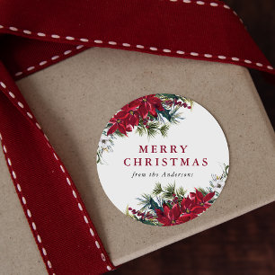 Elegant Watercolor Poinsettia Frohe Weihnachten Runder Aufkleber