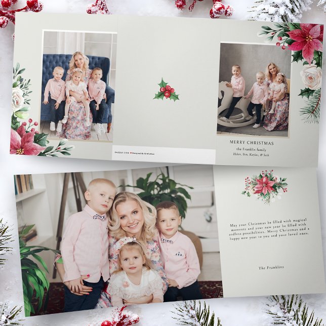 Elegant Watercolor Poinsettias, Roses & Pine Photo Dreifach Gefaltete Karte (Von Creator hochgeladen)