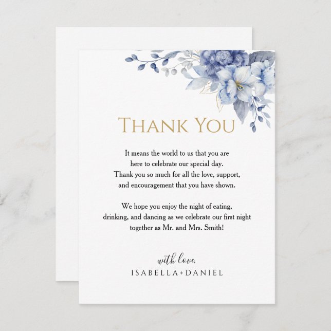 Elegant Watercolor Powder Blue Floral Wedding  Dankeskarte (Vorne/Hinten)