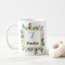 Elegant Watercolor Red Christmas Greenery Monogram Kaffeetasse