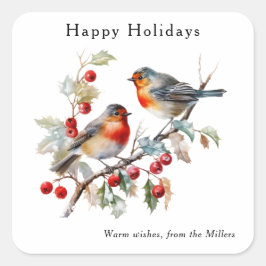 Elegant Watercolor Robin Happy Holidays Custom  Quadratischer Aufkleber