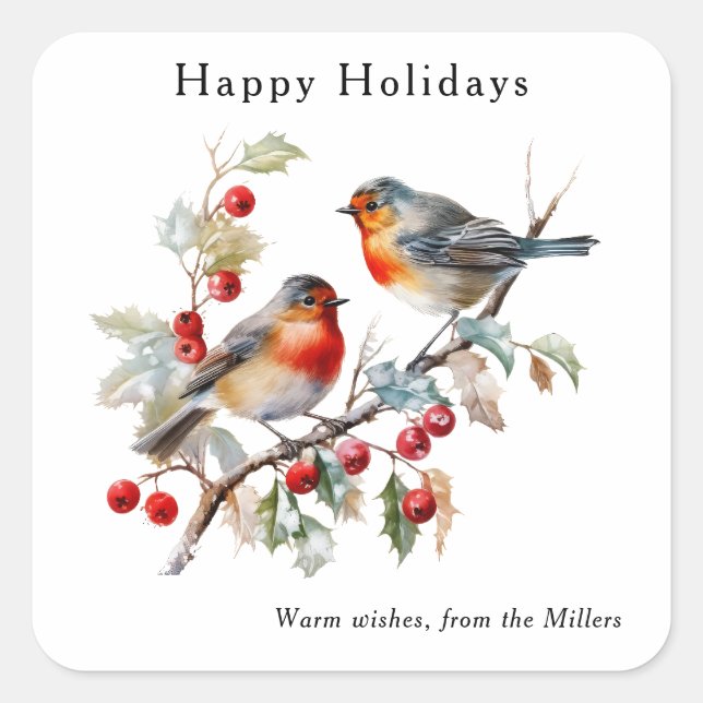 Elegant Watercolor Robin Happy Holidays Custom  Quadratischer Aufkleber (Vorderseite)