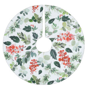 Elegant Watercolor Rote Berries Grün Weihnachten Polyester Weihnachtsbaumdecke