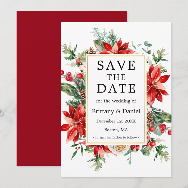 Elegant Watercolor Rote Poinsettia Blumengrün Save The Date (Vorne/Hinten)