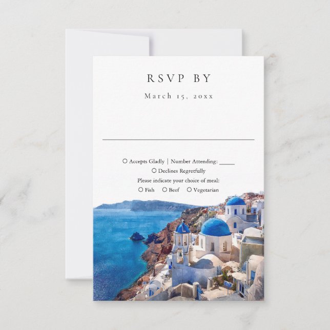 Elegant Watercolor Santorini Griechenland Hochzeit RSVP Karte (Vorderseite)