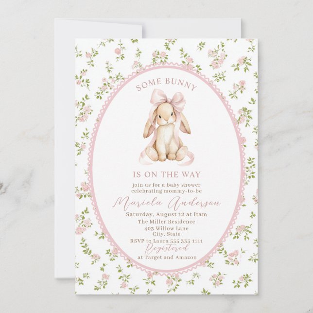 Elegant Watercolor some bunny pink bow Baby Shower Einladung (Vorderseite)