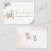 Elegant Watercolor Stork Baby Girl Gold Pink Flor