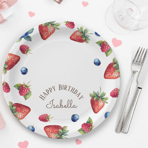 Elegant Watercolor Strawberry Berry Happy Birthday Pappteller